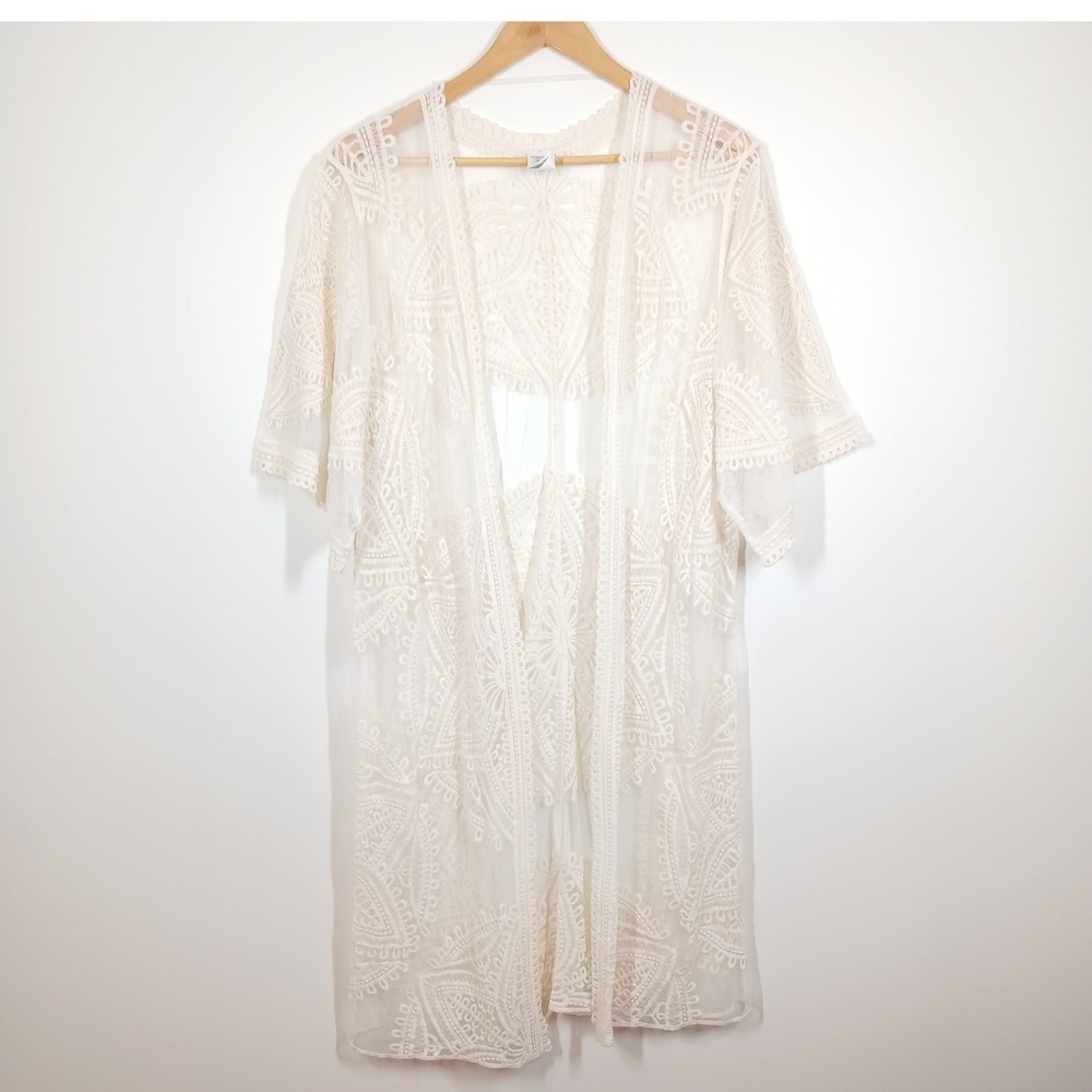 Boutique Kimono Women S-M Cream Cotton Lace Duster Boho Sheer Coverup